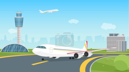 Photo for Airplane taking off from airport runway, passenger aircraft takeoff illustration. Cartoon landscape airport view with aeroplane on airfield, control traffic tower, city building silhouettes background - Royalty Free Image