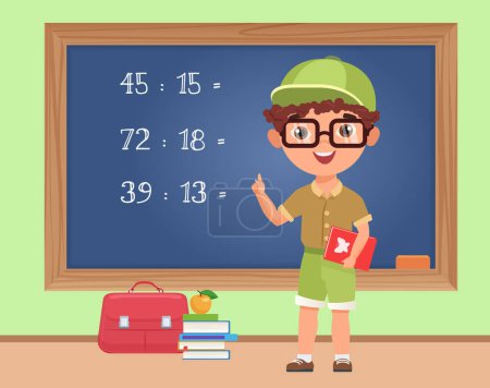 Photo for Kid boy student studying math in classroom, education vector illustration. Cartoon schoolboy standing at blackboard to write mathematical exercise, elementary school pupil on math lesson background - Royalty Free Image