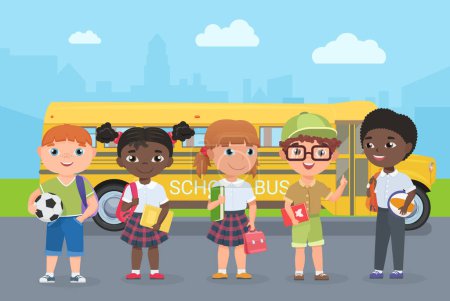 Photo for Happy kids stand on road in front of school bus vector illustration. Cartoon young schoolbus passengers travel to study, girl boy child holding ball, school bag and book, children go for knowledge - Royalty Free Image