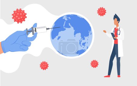 Photo for Coronavirus global vaccination, stop world viral infection concept vector illustration. Cartoon doctor hand holding dose of vaccine in syringe injection and needle pointing to Africa background - Royalty Free Image