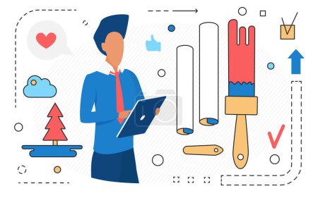 Photo for Art studio freelance work, creative design vector illustration. Cartoon designer freelancer character standing with objects to draw line icons overhead, professional artist working isolated on white - Royalty Free Image