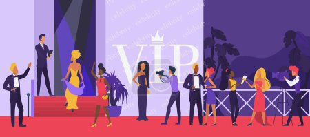 Illustration for Celebrity party vector illustration. Cartoon actor man woman, Hollywood stars characters walking, vip persons giving interview, famous celebrity people posing to photographers on red carpet background - Royalty Free Image