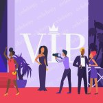 Celebrity party vector illustration. Cartoon actor man woman, Hollywood stars characters walking, vip persons giving interview, famous celebrity people posing to photographers on red carpet background