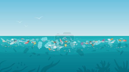Garbage in polluted sea ocean water vector illustration. Cartoon nature scenery with plastic bottle trash waste rubbish floating on dirty surface water, global environmental world problem background