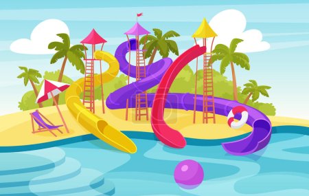 Parque de atracciones acuáticas, parque acuático de dibujos animados resort de verano con toboganes de agua y piscina