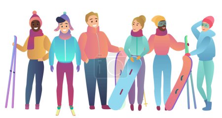 Photo for Group of cute cartoon skiers and snowboarders young people Trendy gradient flat color vector illustration - Royalty Free Image