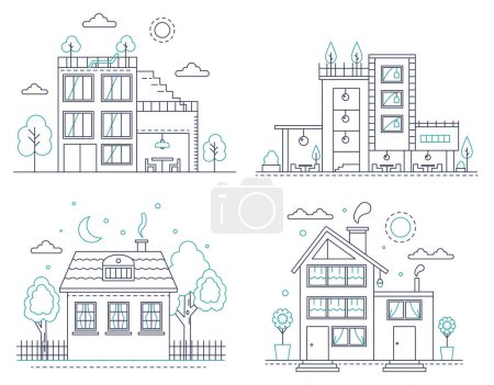 Photo for Thin line countryside suburban american house with trees set. Vector illustration for infographic, web design and application interfaces - Royalty Free Image