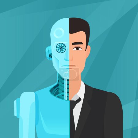 Half cyborg, half human man businessman in suit vector illustration