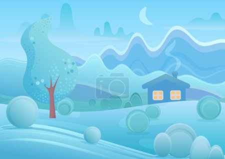 Photo for Winter cartoon house with smoke from chimney in fantasy mountains landscape vector illustration - Royalty Free Image