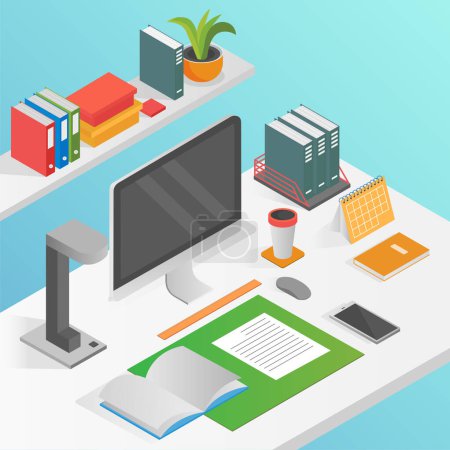 Photo for Flat isometric workspace work place concept vector isolated. Desktop computer - Royalty Free Image