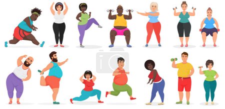 Photo for Fat cute people doing fitness exercise training. Man and woman gym workout vector illustration - Royalty Free Image
