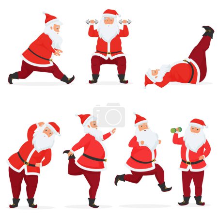 Photo for Vector funny and cute Santa Claus set does gym exercises with dumbbells and barbell isolated. Sport fitness santa - Royalty Free Image