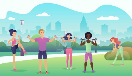 Photo for People in the public park doing fitness. Sports outdoor activities flat design vector illustration. Women doing yoga, stretching, fitness outside - Royalty Free Image
