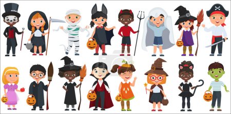 Téléchargez les illustrations : Mignon Halloween petits enfants ensemble illustration vectorielle - en licence libre de droit