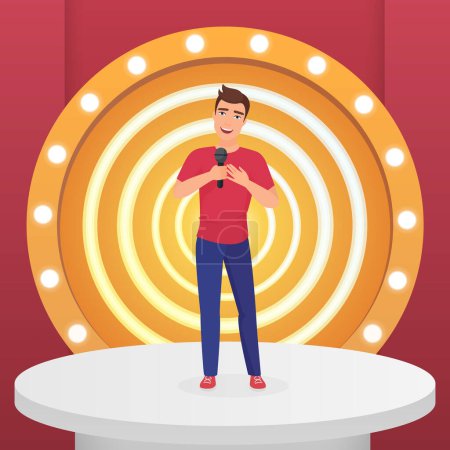 Photo for Man male singer star singing pop song with microphone standing on circle modern stage with lamps vector illustration - Royalty Free Image