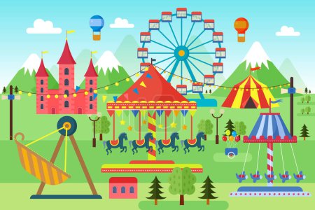 Photo for Amusement park with carousels, roller coaster and air balloons. Comic circus, fun fair. Cartoon carnival theme landscape vector illustration - Royalty Free Image