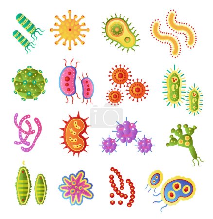 Illustration pour Infection bactérienne et virus pandémique icônes de biologie vectorielle. Vector flat bacteria microbe iluustration. Micro-organisme, allergène isolé sur fond blanc - image libre de droit