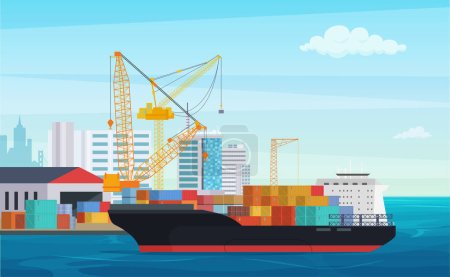Logistik-LKW und Transport-Containerschiff. Frachthafen mit Industriekranen. Schiffswerft-Vektorillustration