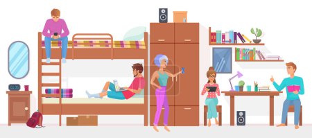 Photo for Group of student friends man and woman living and studying together at dormitory bedroom room in hostel vector illustration - Royalty Free Image