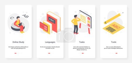 Photo for Studying of foreign language, education vector illustration. UX, UI onboarding mobile app page screen educational set with line tools, tasks and knowledge technology for students to study language - Royalty Free Image