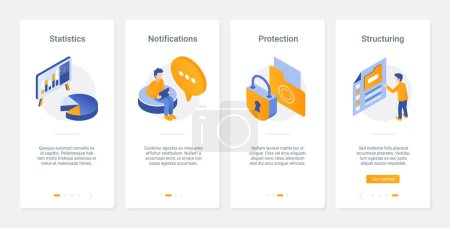 Photo for Protection of personal data technology vector illustration. UX, UI onboarding mobile app page screen set with line database analysis, structuring notification to protect confidential information - Royalty Free Image