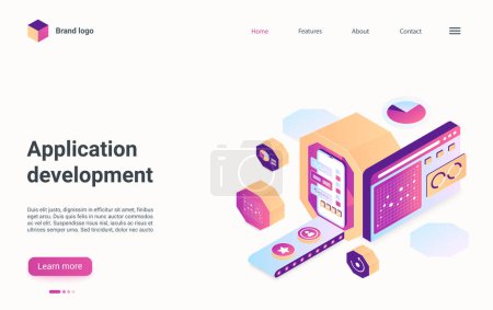 Photo for App development isometric landing page vector template. Mobile programming website homepage interface layout. Application creation business web banner, webpage cartoon concept - Royalty Free Image
