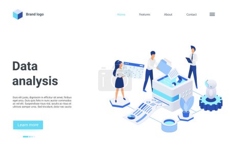 Photo for Website interface 3d design with cartoon business analyst people working on financial report, analyzing finance statistics database technology landing page. Isometric data analysis vector illustration - Royalty Free Image