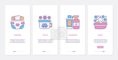 Illustration for Baby care hygiene nursing items vector illustration. UX, UI onboarding mobile app page screen set with line potty, infant baby nappy diaper for skincare, bath shampoo, nursery supplies products - Royalty Free Image
