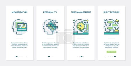 Photo for Time management, personalization, brainstorm vector illustration. UX, UI onboarding mobile app page screen set with line human brain, intelligence memory mind process, right choice business experience - Royalty Free Image