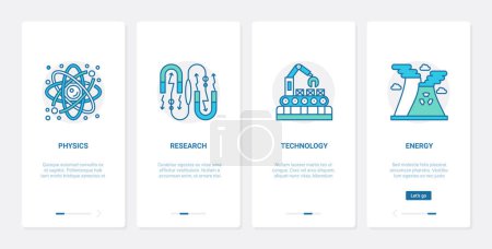 Photo for Physics science research vector illustration. UX, UI onboarding mobile app page screen set with line scientific atom developments and experiments, machinery, atomic energy power industry technology - Royalty Free Image