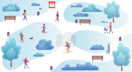 Photo for People resting and playing in the winter park top view. Man and woman winter outside activities map - Royalty Free Image