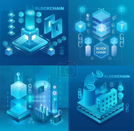 Photo for Data center, cryptocurrency and blockchain technology market isometric vector illustrations set - Royalty Free Image