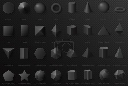 realistische schwarze geometrische 3D-Grundformen in Ober- und Vorderansicht isoliert auf dunklem alpha-transperantem Hintergrund