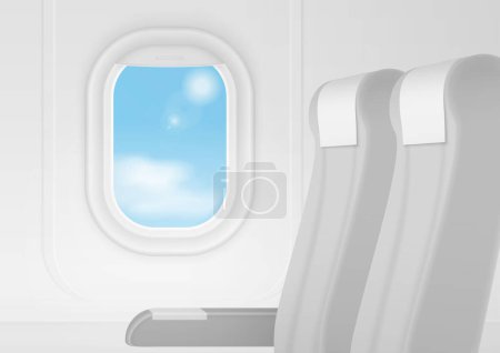 Ilustración de Transporte realista de aviones vectoriales Interior. Aviones dentro de asientos sillas cerca de la ventana. Concepto de viaje de clase Business - Imagen libre de derechos