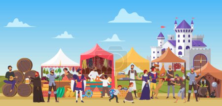Photo for Medieval fair vector illustration. Cartoon flat middle ages or fairy tale fair market with lady and sir characters standing in costumes of feudal lords, jester dancing, priest drinking beer background - Royalty Free Image