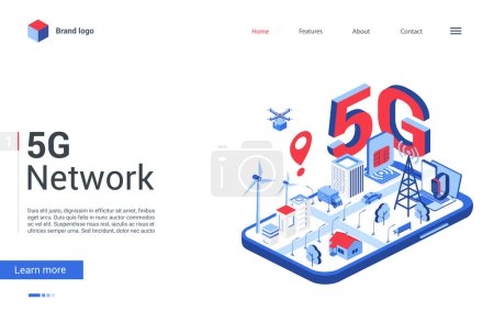 Photo for Modern concept landingpage, website cartoon banner, 3d tech mobile networking technology for smart city, 5g high speed telecommunication wireless connection. Isometric 5g network vector illustration - Royalty Free Image