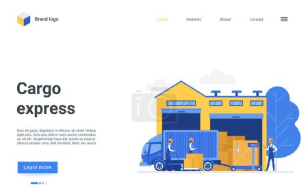 Photo for Cartoon landing page design, website for warehousing business company with worker characters loading boxes on delivering shipping truck van. Warehouse delivery logistic service vector illustration - Royalty Free Image