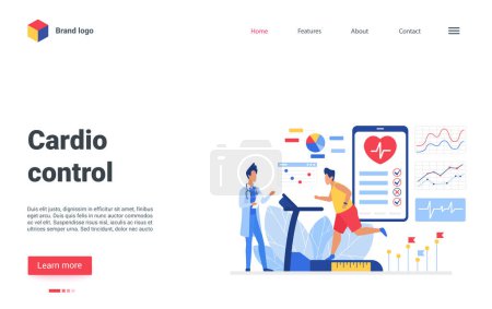Photo for Cartoon patient character training cardiovascular system, running on treadmill in medical examination. Interface website design of cardiology healthcare medicine. Cardio control illustration - Royalty Free Image
