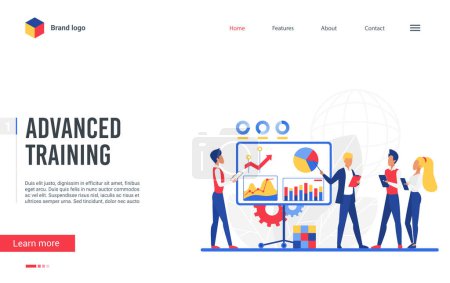 Photo for Website interface creative landing page design, cartoon flat businessman trainer teaching analytics business student people. Coursework education technology, training course vector illustration - Royalty Free Image
