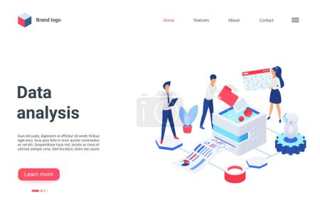 Photo for Cartoon mobile website design, concept landing page for database cloud storage service, analyzing, storing tech information. Isometric digital technology banner, big data analysis vector illustration - Royalty Free Image