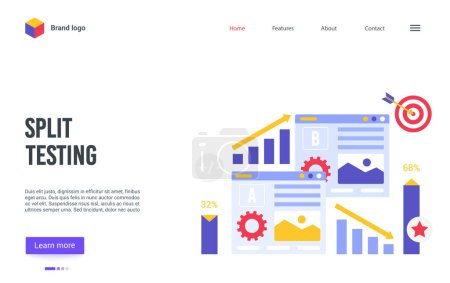Illustration for Cartoon landing page website design for online service of conversion rate business optimization, AB test, researches A-B comparison analytics, choose better result. Split testing vector illustration - Royalty Free Image