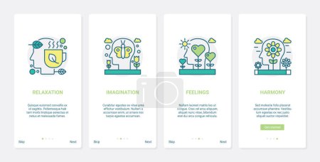 Photo for Human brain processes relaxation and feelings vector illustration. UX, UI onboarding mobile app page screen creative set with line emotional intelligence, creativity imagination, mind relax concepts - Royalty Free Image