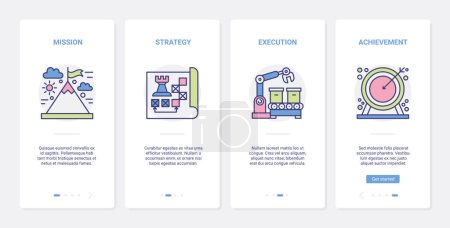 Photo for Leaders mission, business success achievement vector illustration. UX, UI onboarding mobile app page screen set with line leadership career and management strategy symbols, target focus marketing - Royalty Free Image