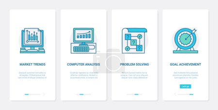 Photo for Business trend data analysis and analytics vector illustration. UX, UI onboarding mobile app page screen set with line trendy business consulting service, finance problem solving, goal achievement - Royalty Free Image