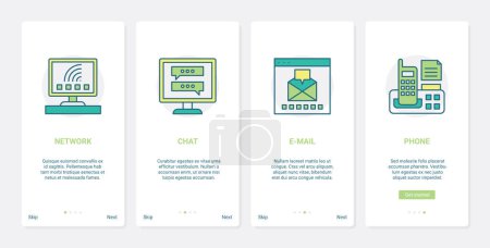 Photo for Social media communication and networking vector illustration. UX, UI onboarding mobile app page screen set with line chat messages on computer screen, phone conversation and chatting, network symbols - Royalty Free Image