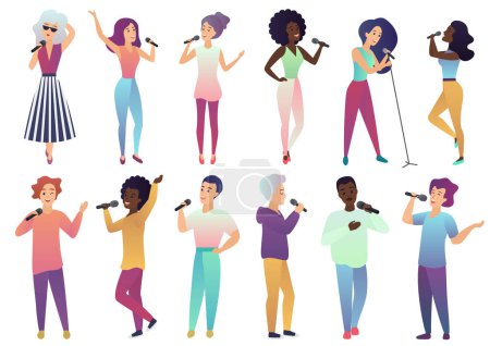 Photo for Vector cartoon singers holding microphones and musicians set isolated. People singing karaoke songs on competition, party, celebration - Royalty Free Image