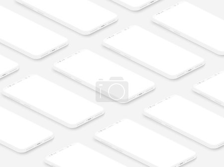 Photo for Soft isometric white isometric realistic smartphones with blank screens grid. Empty screen phone template for inserting UI interface or business presentation. Floating vector mock up design - Royalty Free Image