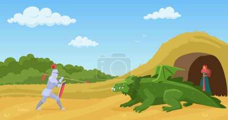 Photo for Fight with dragon vector illustration. Cartoon flat knight warrior in armor with spear and shield fighting with green fantasy creature monster dragon to save lady from cave, fairy adventure background - Royalty Free Image