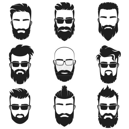 Photo for Bearded stylish hipster men faces with different haircuts style, mustaches, beards, black sunglasses avatar, emblem, label vector illustration - Royalty Free Image