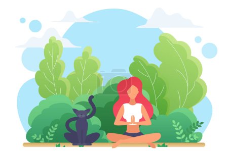Photo for Yoga lotus pose vector illustration. Cartoon cute young woman yogist character sitting in lotus asana, relax outdoor with cat pet, zen yoga exercises for meditation and mental health isolated on white - Royalty Free Image